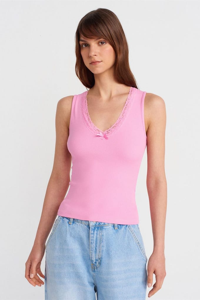 Mouwloze Kant Geribbelde V-hals Blouse
