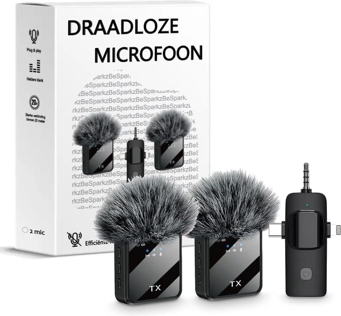 BeSparkz 2 in 1 Draadloze Microfoon - Geschikt voor Jack 3.5mm, USB-C en Lightning - Microfoon iPhone - Dasspeld Microfoon - Lavalier