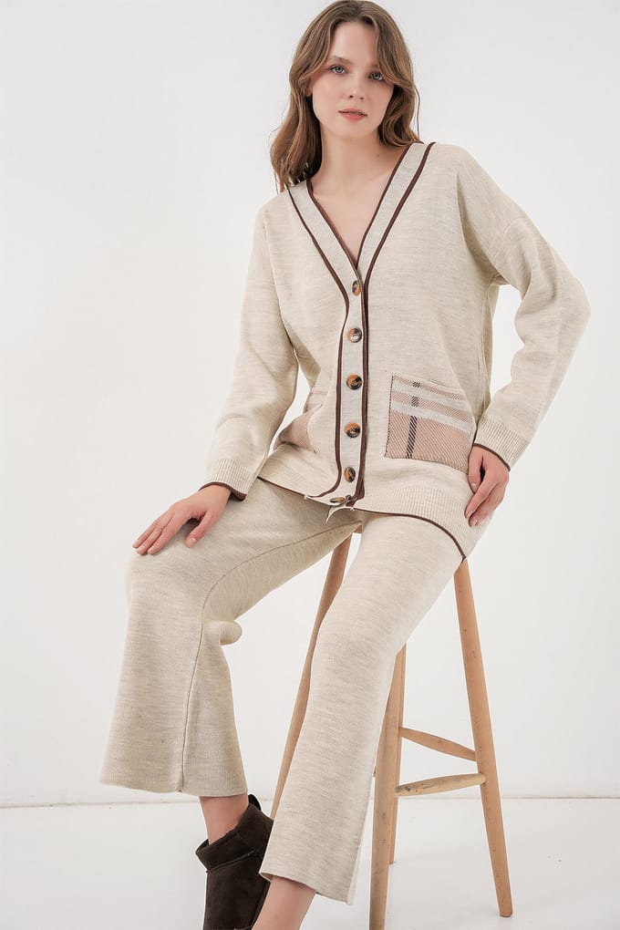 Pocket Gedetailleerde V-hals Cardigan en Wijde Broek Set