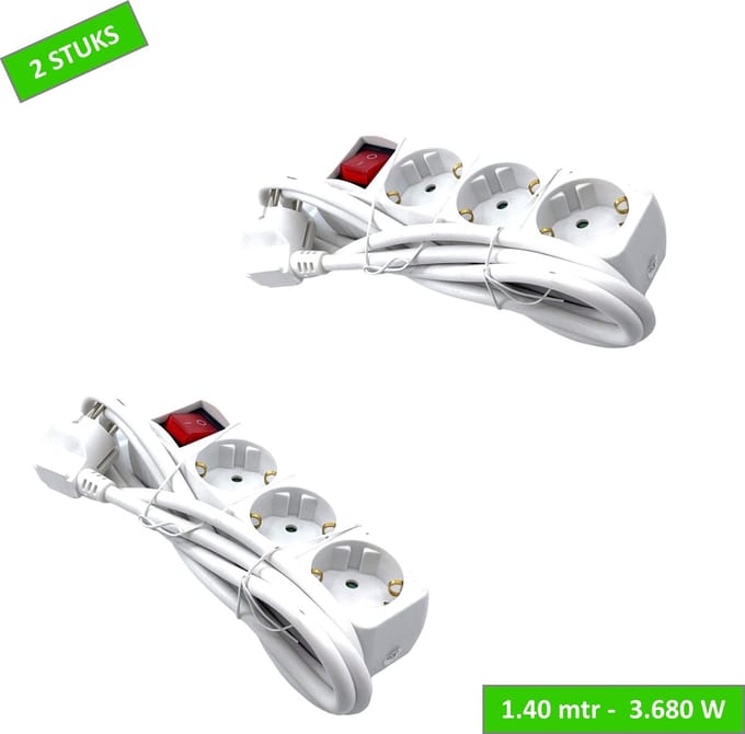 Elektrofix Stekkerdoos - 3 voudig - Met schakelaar - Kabel 1.40m - 3680 watt - Wit - 2 stuks