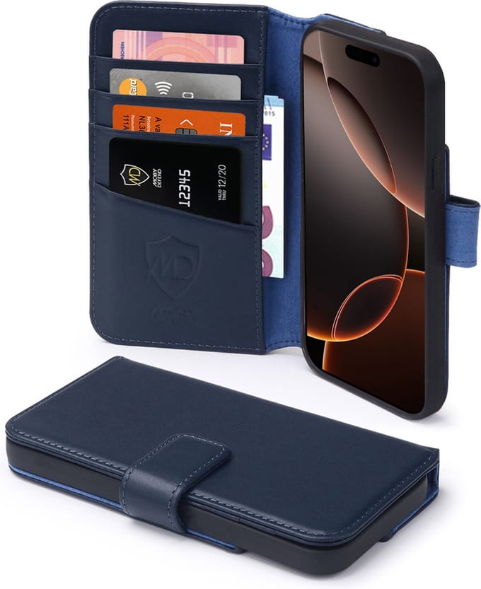 MobyDefend Hoesje - Geschikt voor iPhone 16 Pro Max - Luxe Leren Wallet Bookcase - Blauw
