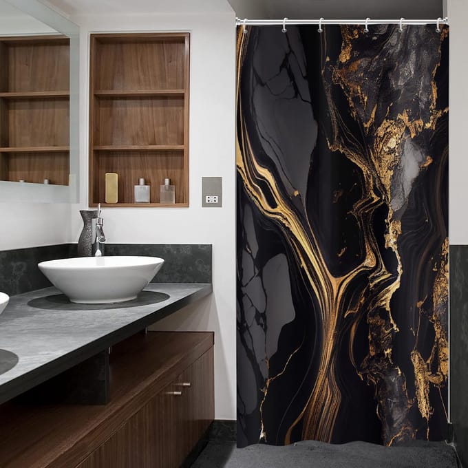 Omgoods - Modern Marmer Douchegordijn met Zwart en Goud