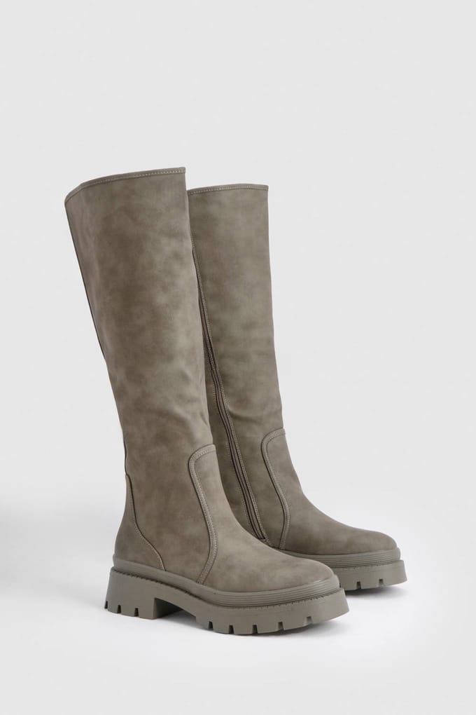 boohoo Dames Brede pasvorm met noppenzool-knie-laars | Khaki | Maat: 4