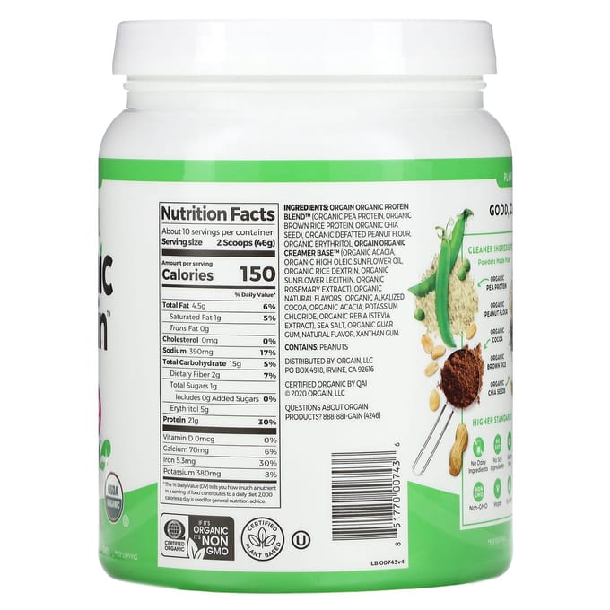 Orgain, Poudre de Protéines Bio, Végétale, Chocolat Beurre de Cacahuète, 1,02 lb (462 g)