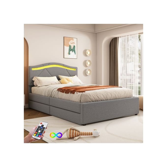 Lit - MUVOE - 90x200cm - Rembourré - Éclairage LED - 2 tiroirs de rangement gris