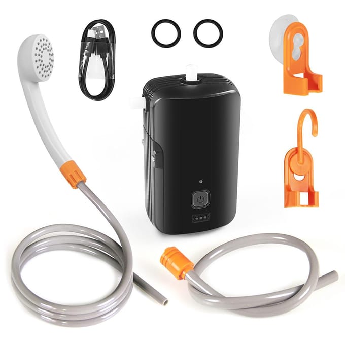 Douche de Camping Extérieure Pompe à Douche Électrique Portable Étanche avec Débit d'Eau à 2 Niveaux pour le Camping noir