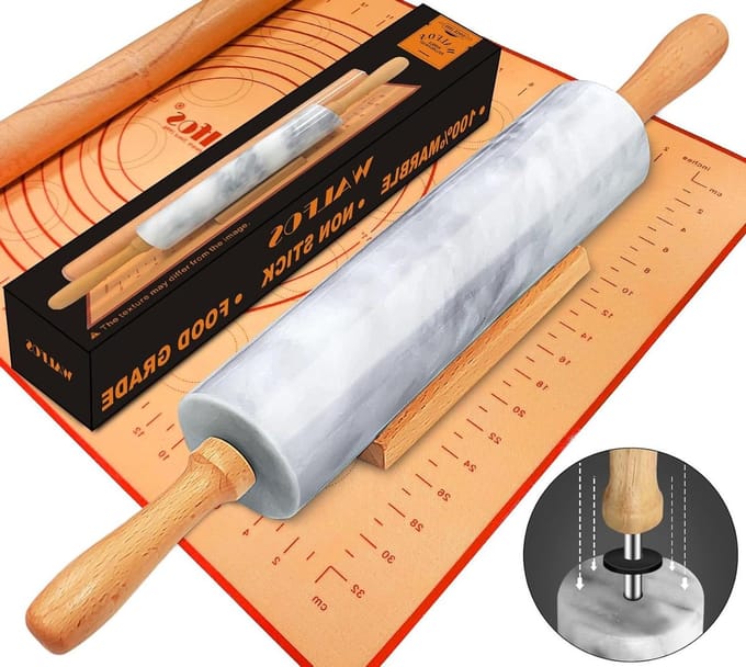 Marmeren Deegroller Set - Bakmat Inclusief - Bakken En Koken - Voedselveilige Siliconen Mat - 42 cm - Grijs Wit