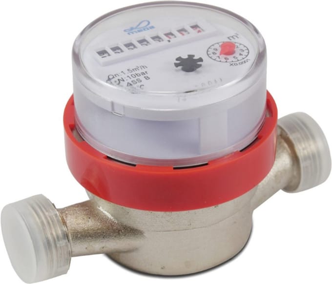 Watermeter messing vernikkeld 3/4" buitendraad 10bar 0,1A 1.5m³/h 24V CE/MID type single jet tot 50 Graden