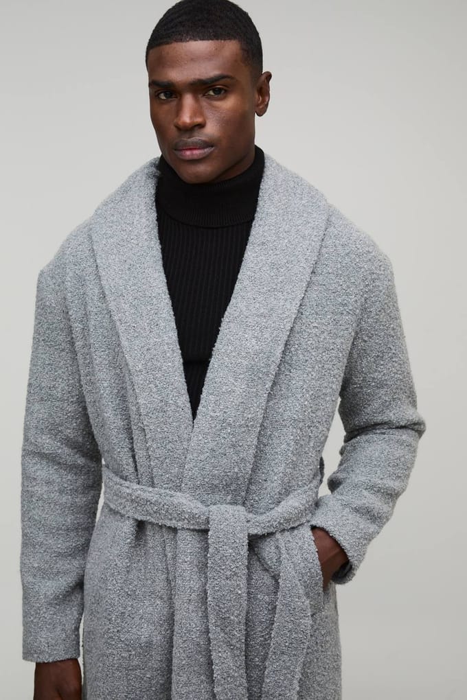 Oversized Single Breasted Shawl Collar Self Belted Longline Boucle Overcoat | Grey | Size Small