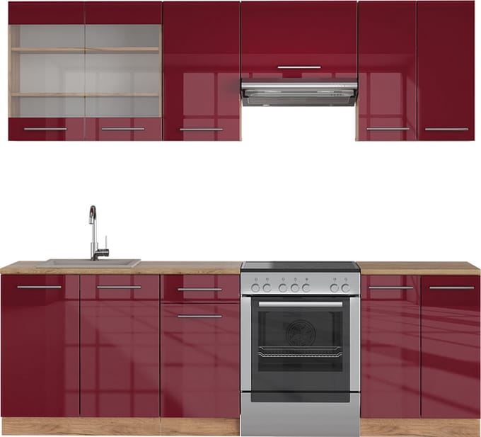 Vicco Fame-Line Complete keukeneenheid – 240 cm, WB Eik Bordeaux hoogglans/gouden eik