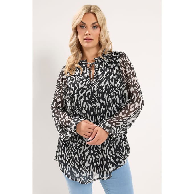 Yours Curve Zwarte Blouse Met Ruchekraag En Luipaard Size 54-56