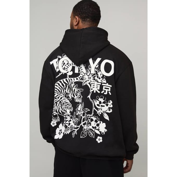 Plus oversized Tokyo bloemenprint hoodie | Black | Size 2XL