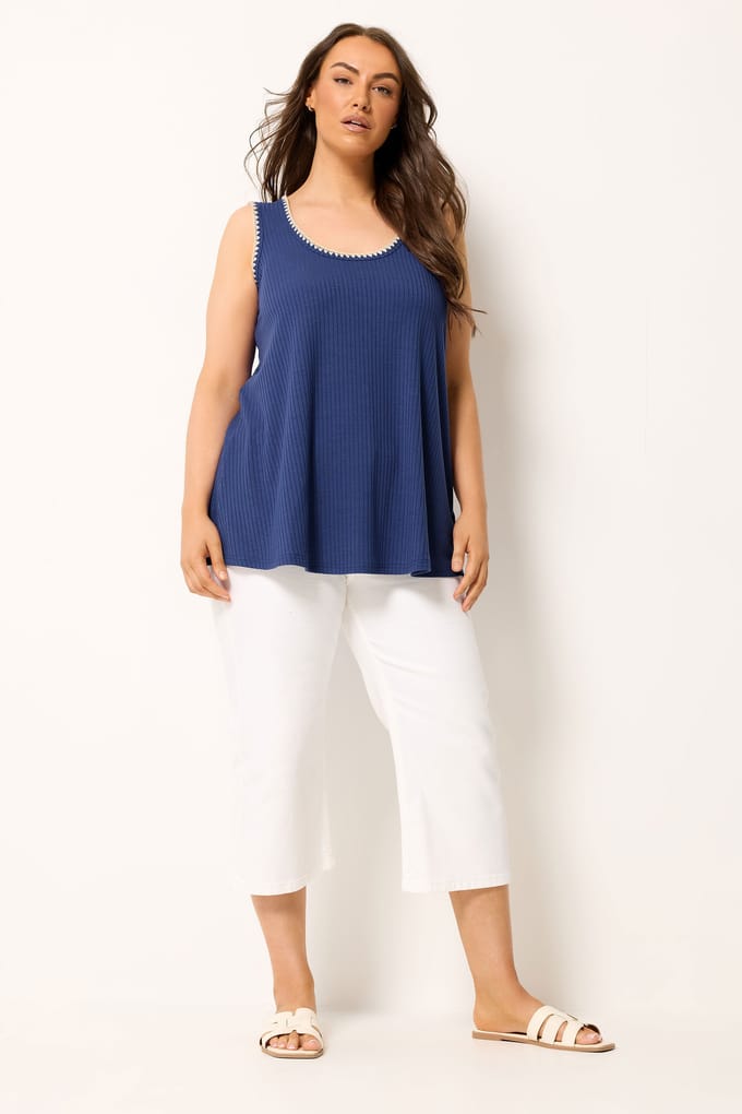 Yours Kobaltblauwe Geribbelde Top Met Contrasterende Deksteek Size 42