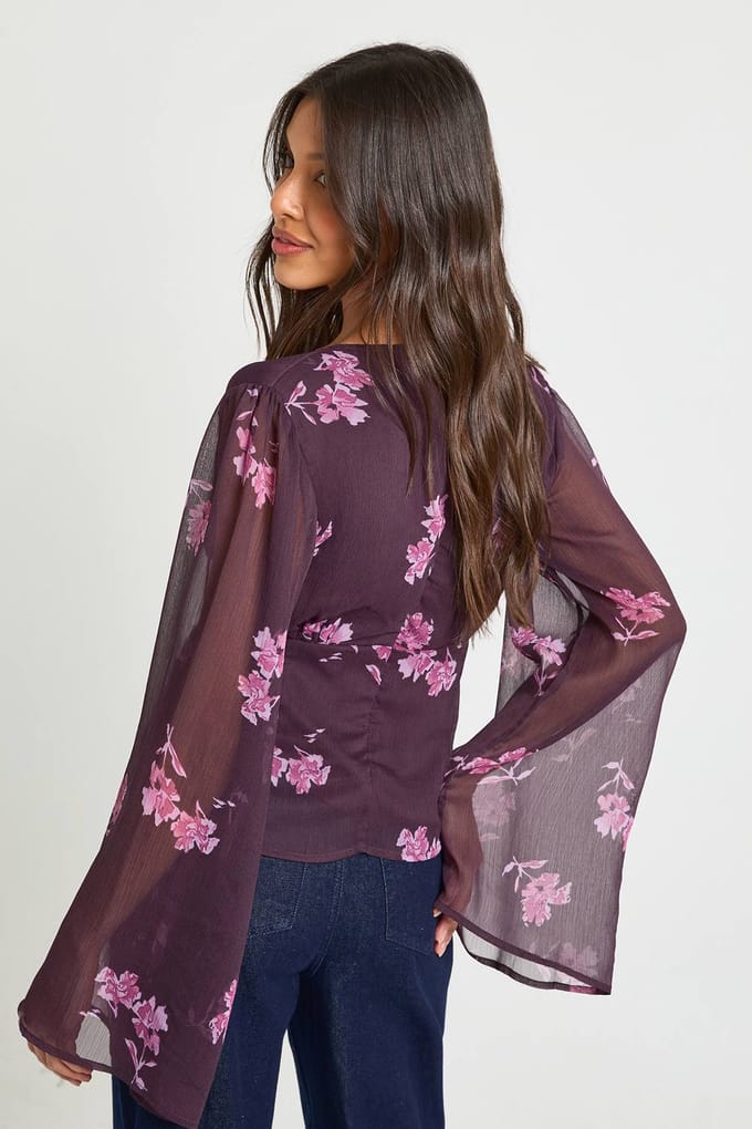 boohoo Dames Bloemen Chiffon Engelenmouw Blouse | Fig | Maat: 6