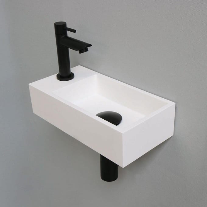 Fonteinset INK Versus Rechthoek Links 36x18x9cm Polystone Mat Wit Toiletkraan Sifon Plug Mat Zwart