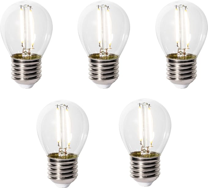 LUEDD Set van 5 E27 dimbare LED lampen P45 helder glas 3W 250 lm 3000K