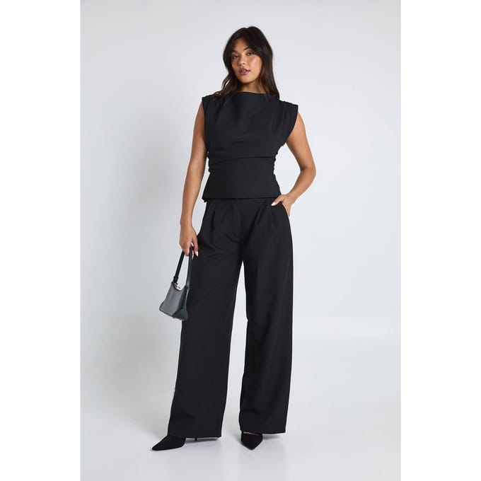 boohoo Dames Geplooide ingesnoerde top & palazzo-broek co-ord | Zwart | Maat: 42
