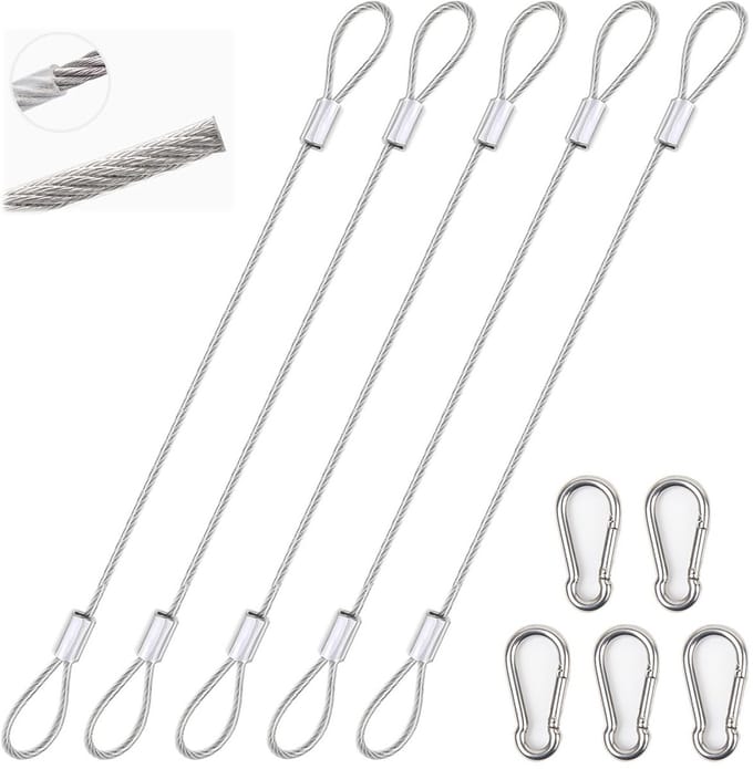 5x Staalkabel met Oogogen en Karbinders - 50cm x 2mm Staaldraad Kabel - Zilver