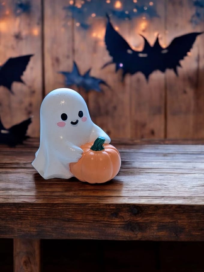 Handgemaakt schattig spookje - Met pompoen - Halloween beeldje - Herfstdecoratie