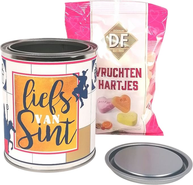 Blik "Liefs van de Sint" vulling vruchtenhartjes