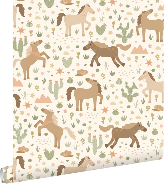 ESTAhome behang paarden beige, bruin en groen - 50 x 900 cm - 132192