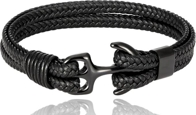 Leren armband met anker sluiting zwart heren dames Galeara design 220mm