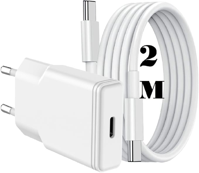 USB C Adapter 20W snellader met (2m) USB C naar USB C kabel Geschikt voor o.a. telefoon en tablet - Wit