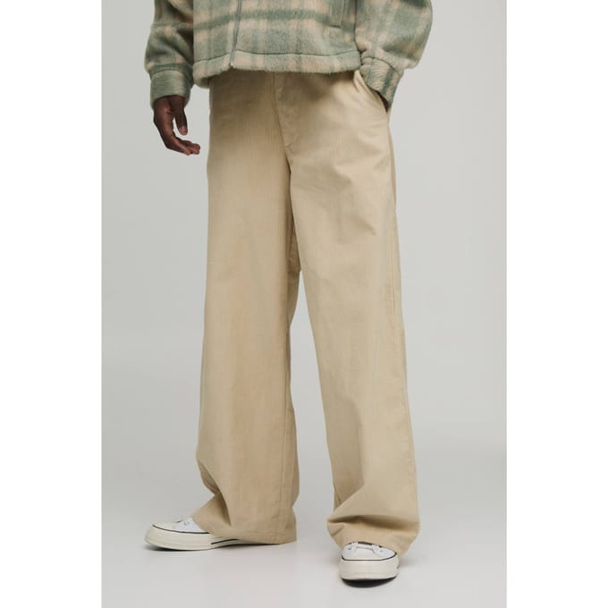 Baggy Corduroy Broek met Geweven Label | Ecru | Size Large