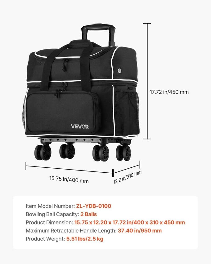 Bowlingtas met 2 ballen en wielen Vierwielige Bowlingtas Schoenencompartiment