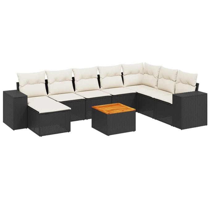 vidaXL - 9-delige - Loungeset - met - kussens - poly - rattan - zwart