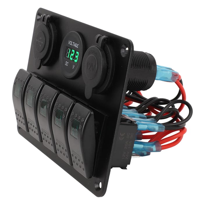 Schakelpaneel DC 12 tot 24V 5-voudig Aluminiumlegering IP65 Waterbestendig Voorbedraad Tuimelschakelaarpaneel