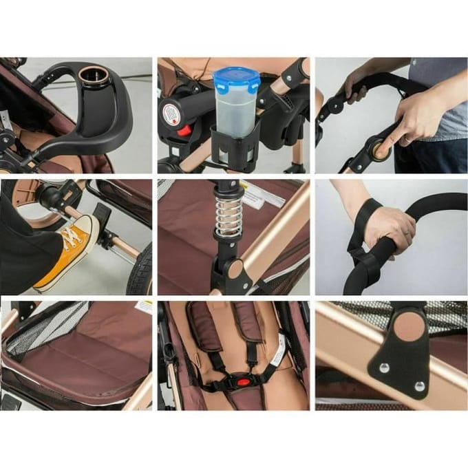 Combinatie Kinderwagen Trio Pak 3-in-1 Bruin Hoog Chassis met Schokabsorptie Opvouwbaar Omkeerbare Autostoel Luchtloze Wielen bruin