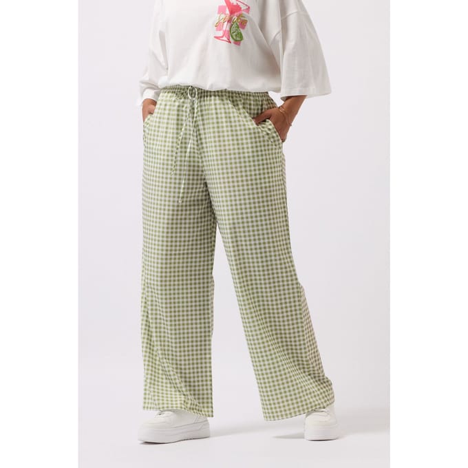 Yours Sage Green Gingham Wijde Broek Size 46