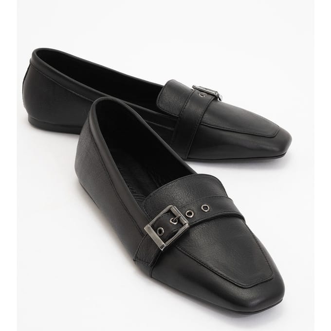 Noir Leren Plat Loafers Dames