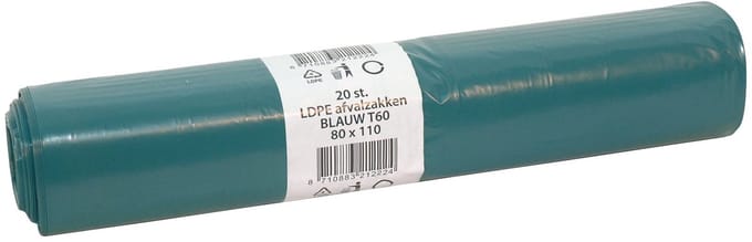 Afvalzakken 80x110cm T60 LDPE blauw - Doos 10 rollen à 20 stuks