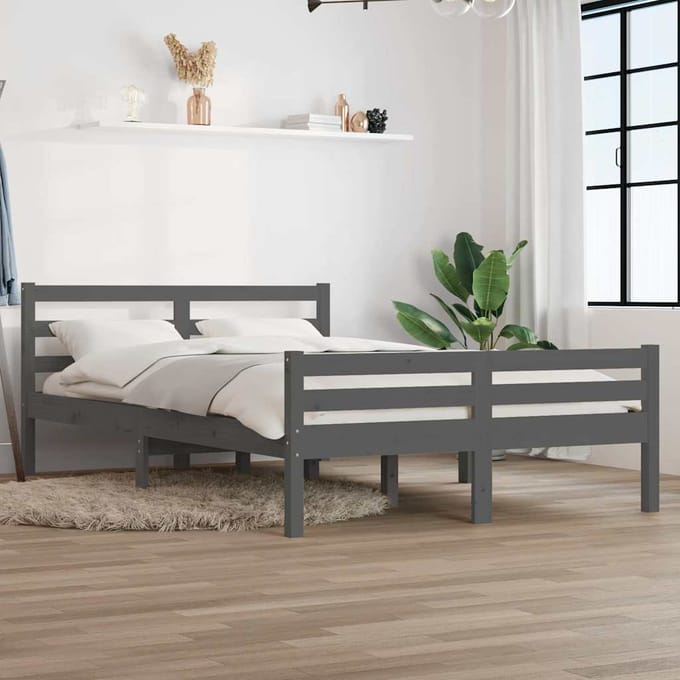 vidaXL - Bedframe - massief - hout - grijs - 140x190 - cm