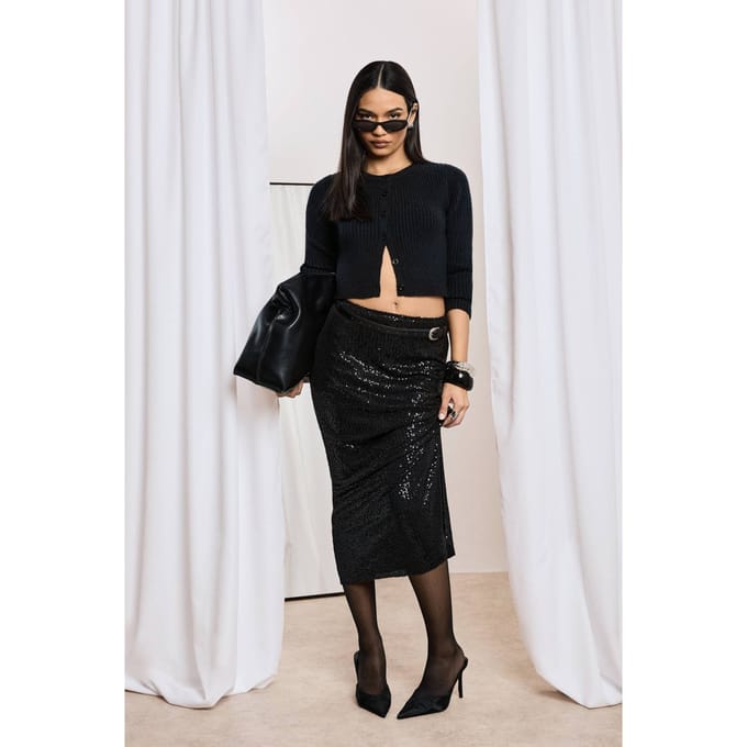 boohoo Dames Knitted Sequin Midaxi Rok | Black | Maat: 6