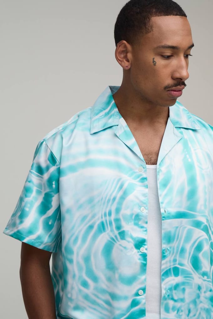 Oversized Shirt En Short Set Met Korte Mouwen En Waterprint Satijn | Blue | Size Medium