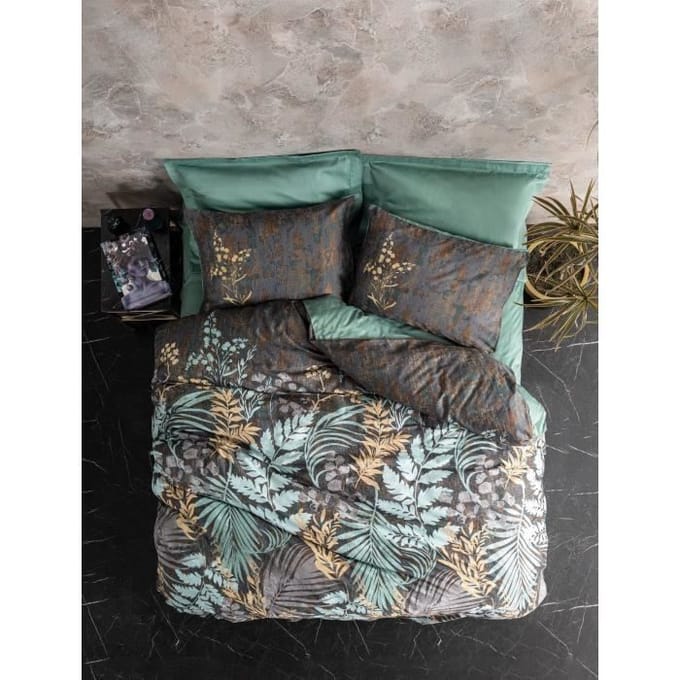 Parure de lit - 1 housse de couette 220 x 240 cm + 2 taies d'oreiller 60 x 60 cm - Satiné 100% coton - Menthe