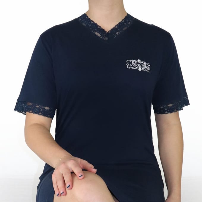 Medaillon Dames Nachthemd - Kantafwerking - Donker Blauw - Maat XL