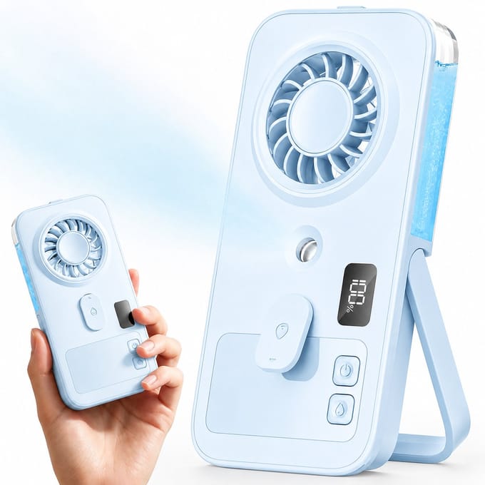 Sounix High-Speed Handventilator - Tafelventilator - Draagbare Mistventilator met Nevel - Stille Mini Ventilator met Digitaal Display - Blauw