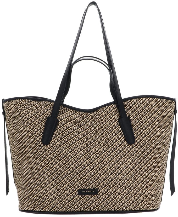 COCCINELLE Leren Shopper Handtas New Never Without Bag Bicolor Straw Handbag Multi Noir / Noir Beige