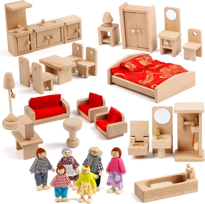 Poppenhuis Meubels Accessoires Set met 6 Poppen voor Creatief Spel