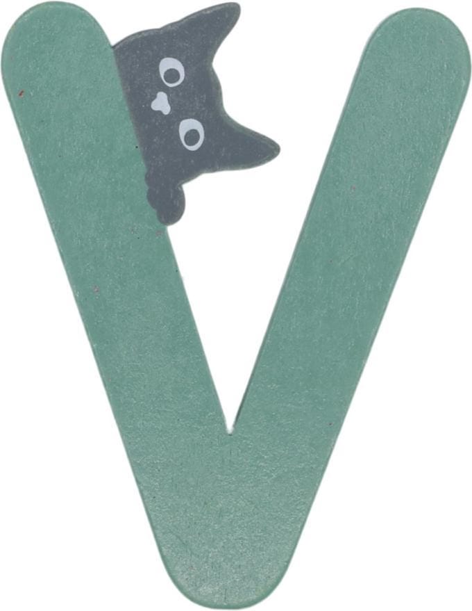 Houten Letter V Groen met Kat | 9 cm