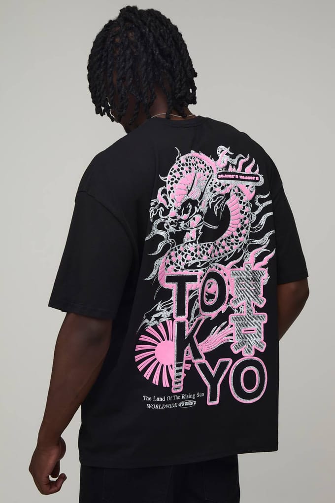 Lang Zwart Oversized T-shirt Met Dragon Puff Print | Black | Size Large