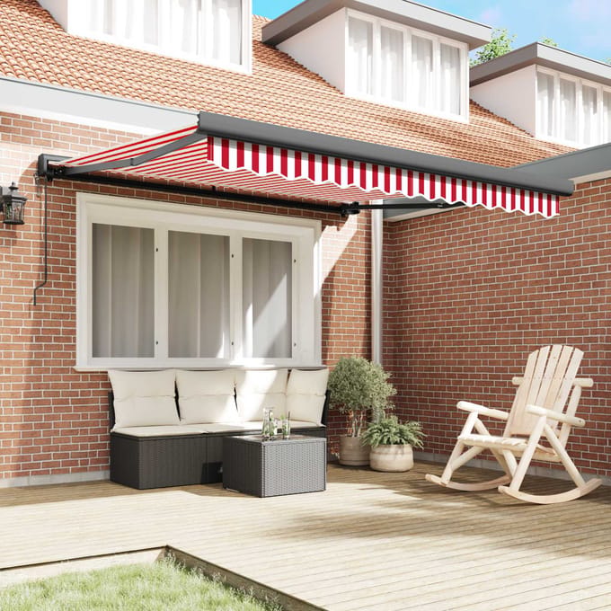 vidaXL - Uitschuifbare - luifel - Rood - en - Wit - 300 - x - 250 - cm - Stof - en - Metaal