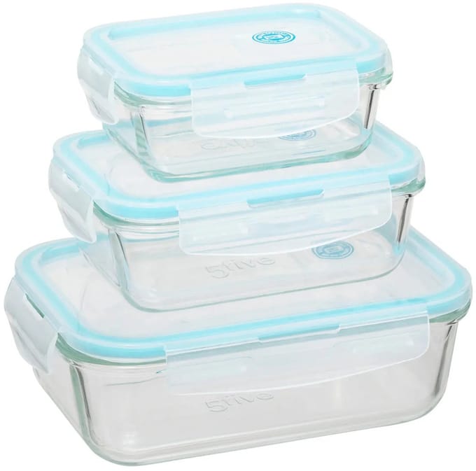 5Five Vershoudbakjes met deksel - glas - set 3x stuks - 1180/540/330 ml - luchtdicht - met clips