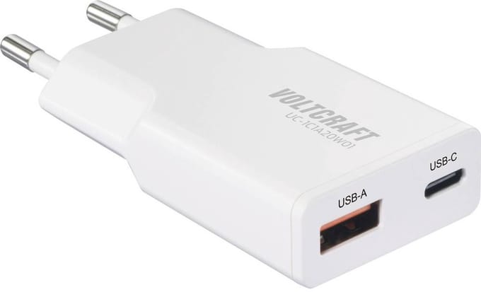 VOLTCRAFT UC-1C1A20W01 USB-oplader 20 W 1x USB-A, 1x USB-C Fast Charge, USB PD 3.0 Wit GaN