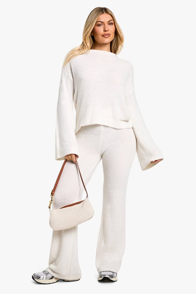 boohoo Dames Boucle Broek met Wijde Poot | Cream | Maat: Small