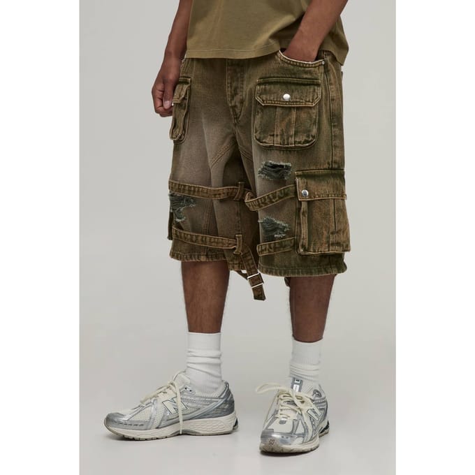Parachute Extreme Gewassen Multi Cargo Gescheurde Shorts | Washed Khaki | Size 38
